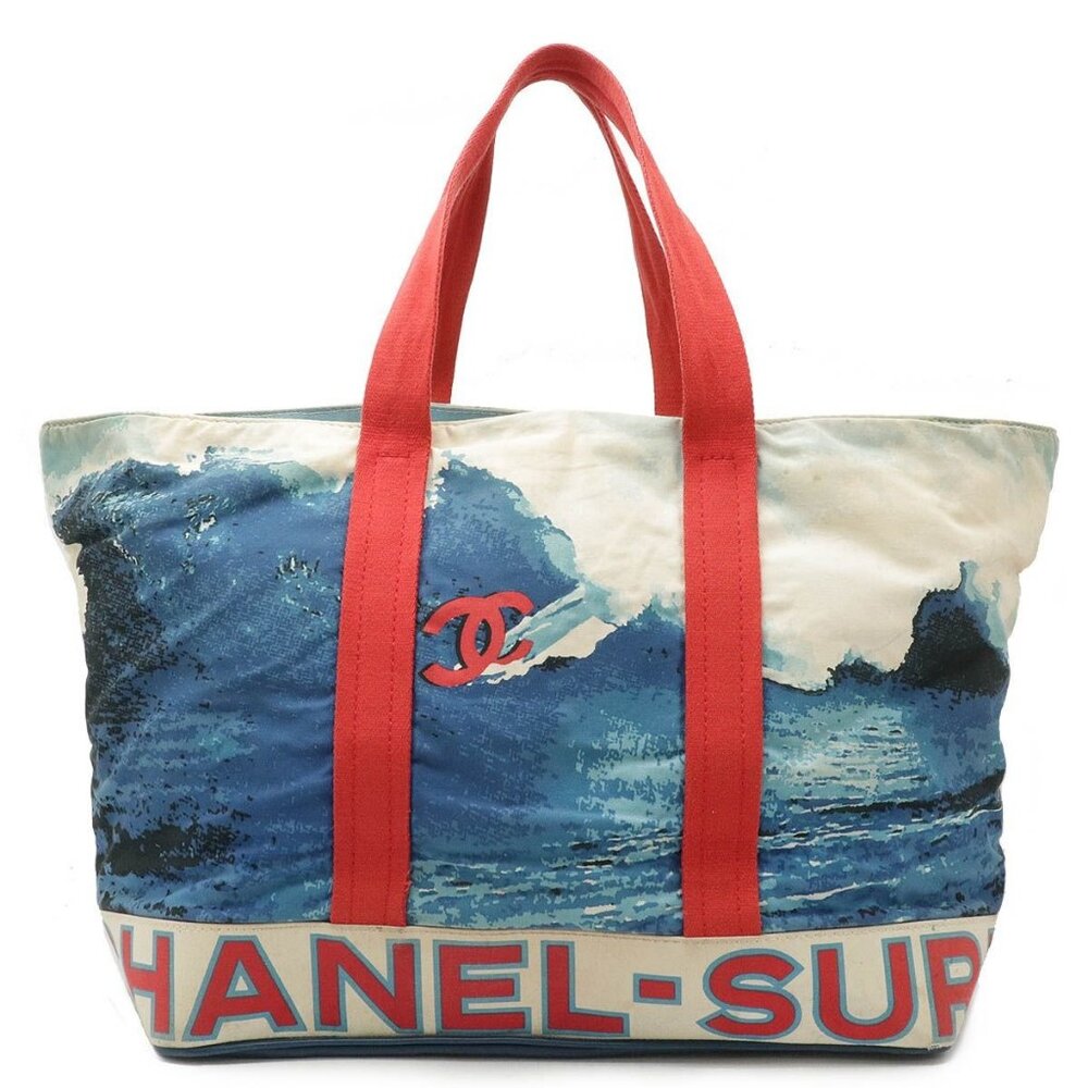 Authentic CHANEL CC Surf Line High Summer XL Tote Bag Large Canvas Shoulder Bag